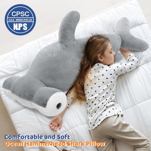 Image of Tezituor 43.3 inch Giant Hammerhead Shark Stuffed Animal, 4ft Large Stuffed Hammerhead Shark Plush Ocean Toys, Realistic Gray Shark Plush Pillow for Girls Boys