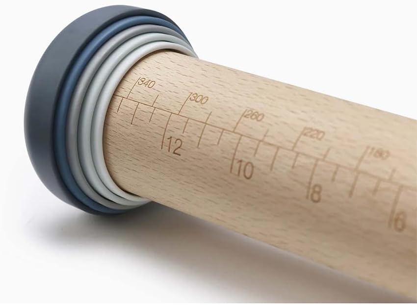 Joseph Joseph PrecisionPin - Rolling Pin with adjustable pastry thickness, Baking and dough rollers, Beech Wood, Pastel Blue