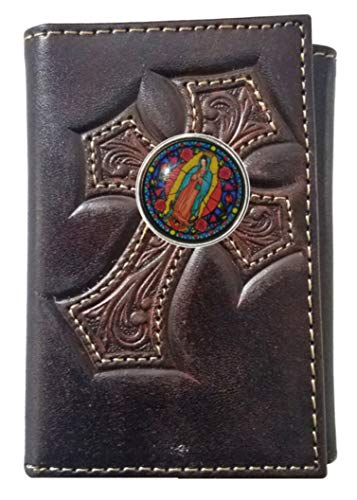 Custom Our Lady of Guadalupe Nocona Cross Leather Trifold Chocolate Wallet
