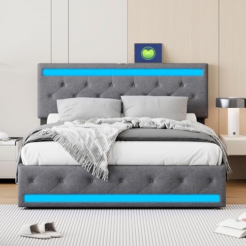 WSOFZMO Cama doble de 180 x 200 cm con somier, cama doble tapizada de 180 x 200 cm con espacio de almacenamiento, cama con somier, cama juvenil, cama con 4 cajones, LED y USB, lino, sin colchón