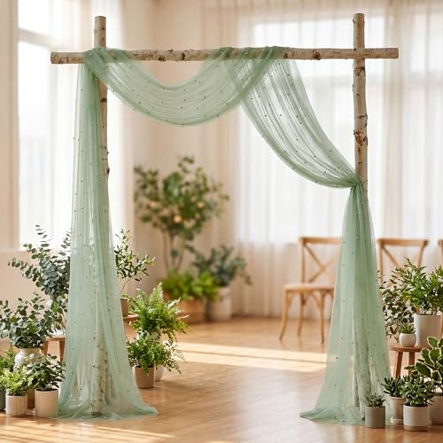 Image of Wedding Arch Draping Fabric with Pearl 28.7 inchx 20ft Ivory White Green Sheer Gauze Fabric Backdrop Drapery for Wedding Arbor Ceremony Bridal Shower Birthday Party Reception Decor (Sage Green)