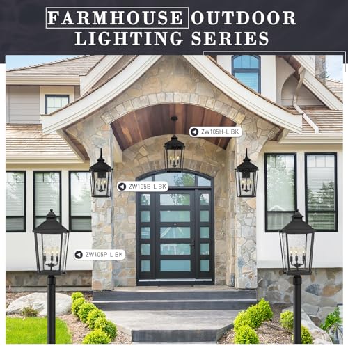 Image of zeyu 27 Inch Outdoor Wall Lamp, 3-Light Large Outdoor Wall Lighting for House Porch, Die-Cast Aluminum in Black Finish, Seeded Glass, ZW105B-L BK