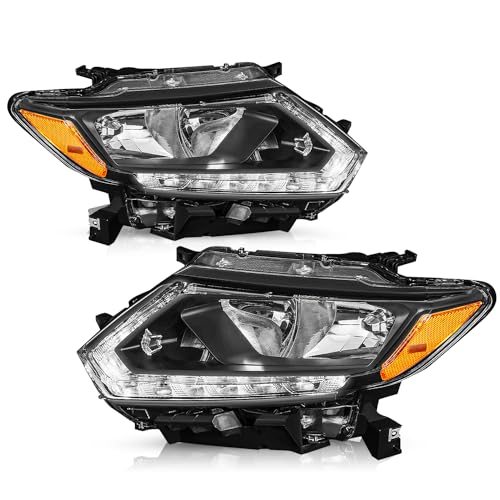 TUSDAR Halogen Headlight Assembly Replacement for 2014-2016 Nissan Rogue Black Housing with Amber Reflector Headlamp with DRL Driver and Passenger Side