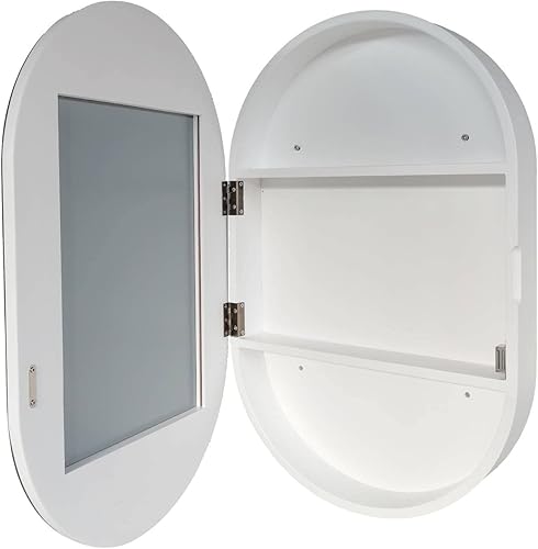 Gabinete de espejo ovalado montado en la pared, armario de baño de madera, espejo de tocador de baño con estante de almacenamiento (color blanco,