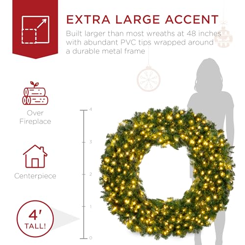 Image of Best Choice Products 48in Large Artificial Pre-Lit Fir Christmas Wreath Holiday Accent Decoration w / 200 LED Lights, 714 PVC Tips