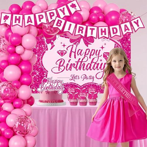 Image of Pink Birthday Party Decorations for girls,Birthday Banner,Pink Backdrop,Hot Pink Balloons Party Decorations