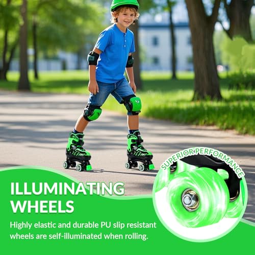 Image of Roller Skates for Girls Boys Ages 4-12, Toddler Kids 4 Size Adjustable Light up Wheels Beginner Skates (Green, Medium-Big Kids（13j-3 US）)