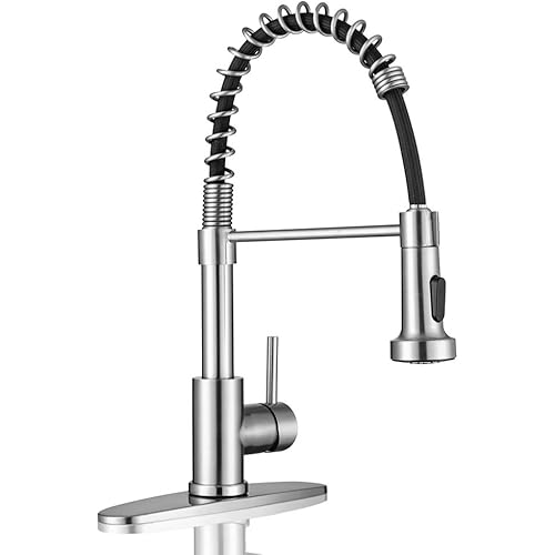 WEWE Kitchen Faucets, Commercial Brushed Nickel Stainless Steel Pull Down Sprayer Single Hole Single Handle RV Farmhouse Laundry Outdoor Faucet for Kitchen Sink, llaves para fregaderos de cocina