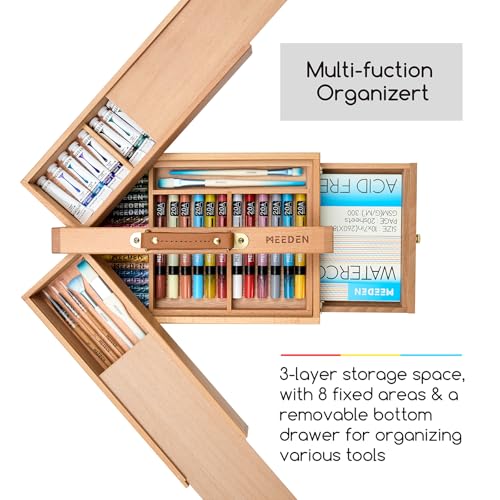 Image of MEEDEN Portable Artist Supply Storage Box: Foldable Beech Wood Box | Multi-Function Artist Tool & Brush Storage Box with Compartments & Drawer for Pastels, Pencils, Pens, Markers, Brushes