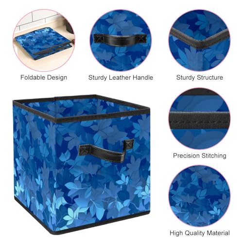 Bac de rangement cube bleu pliable avec poignées cuir - 5