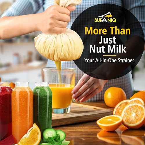 Image of SUFANIQ Nut Milk Bag - 4 Bags (12 x 12 Inch) 100% Unbleached Cotton Cheese Cloth Bag for Straining, Premium Nut Milk Bag Reusable, Nut Bag Strainer for Almond, Soy, Oat Milk, Juices, Cheese Making