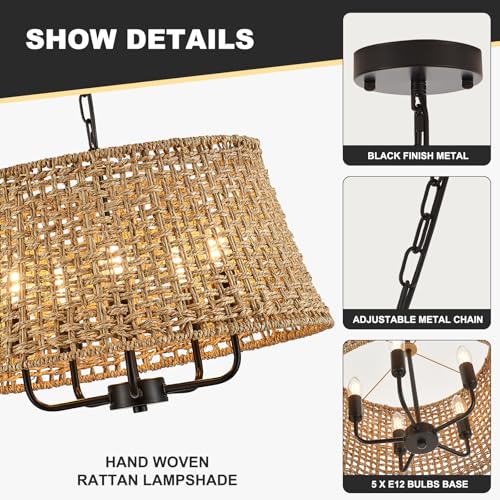 Image of 19.7 inch Boho Rattan Chandelier, 5-Light Black Wicker Light Fixture