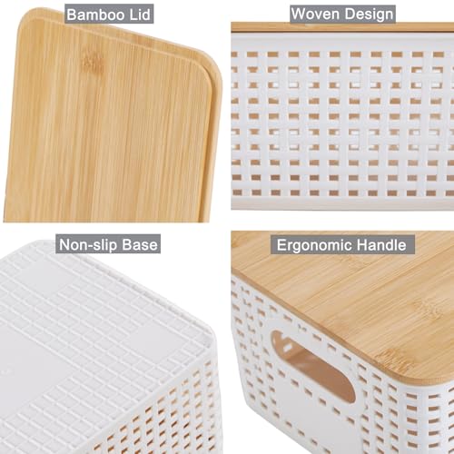 Mangata Set of 6 White Stackable Storage Baskets with Bamboo Lid, Small Decorative Plastic Boxes with Handle & Lable for Organizing, Ideal for Kitchen, Bathroom, Desktop & Shelves - Cosy Home Interiors Mangata Set of 6 White Stackable Storage Baskets with Bamboo Lid, Small Decorative Plastic Boxes with Handle & Lable for Organizing, Ideal for Kitchen, Bathroom, Desktop & Shelves - Image 3