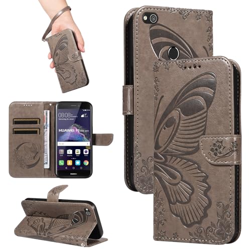 HUANGTAOLI Custodia per Huawei P8 Lite 2017, Porta Carte e Cavalletto, Protezione a 360 Gradi e Assorbe Gli Urti, Portafoglio in Pelle Slim Fit e Flessibile Cover, Grey