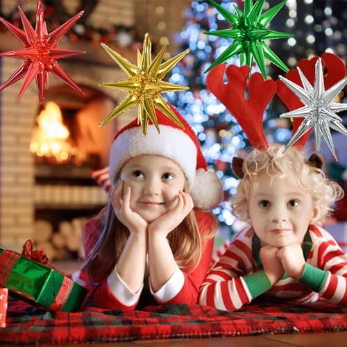 Image of TONIFUL 4 Pcs Star Balloons Red Green Gold Silver Explosion Foil Balloon | 22 Inch Large Mylar Star Balloon for Christmas Party Decorations New Year Birthday Wedding Baby Shower Photo Booth Supplies