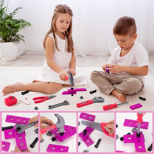 LOYO Kids Tool Set - 30Pcs Pretend Play Tool Toys with Kids Tool Belt, Electric Toy Drill, Construction Tool Box Kit Kids Toys Gift for Girl Boys Age 3 4 5 6 Years OldPink - Image 4