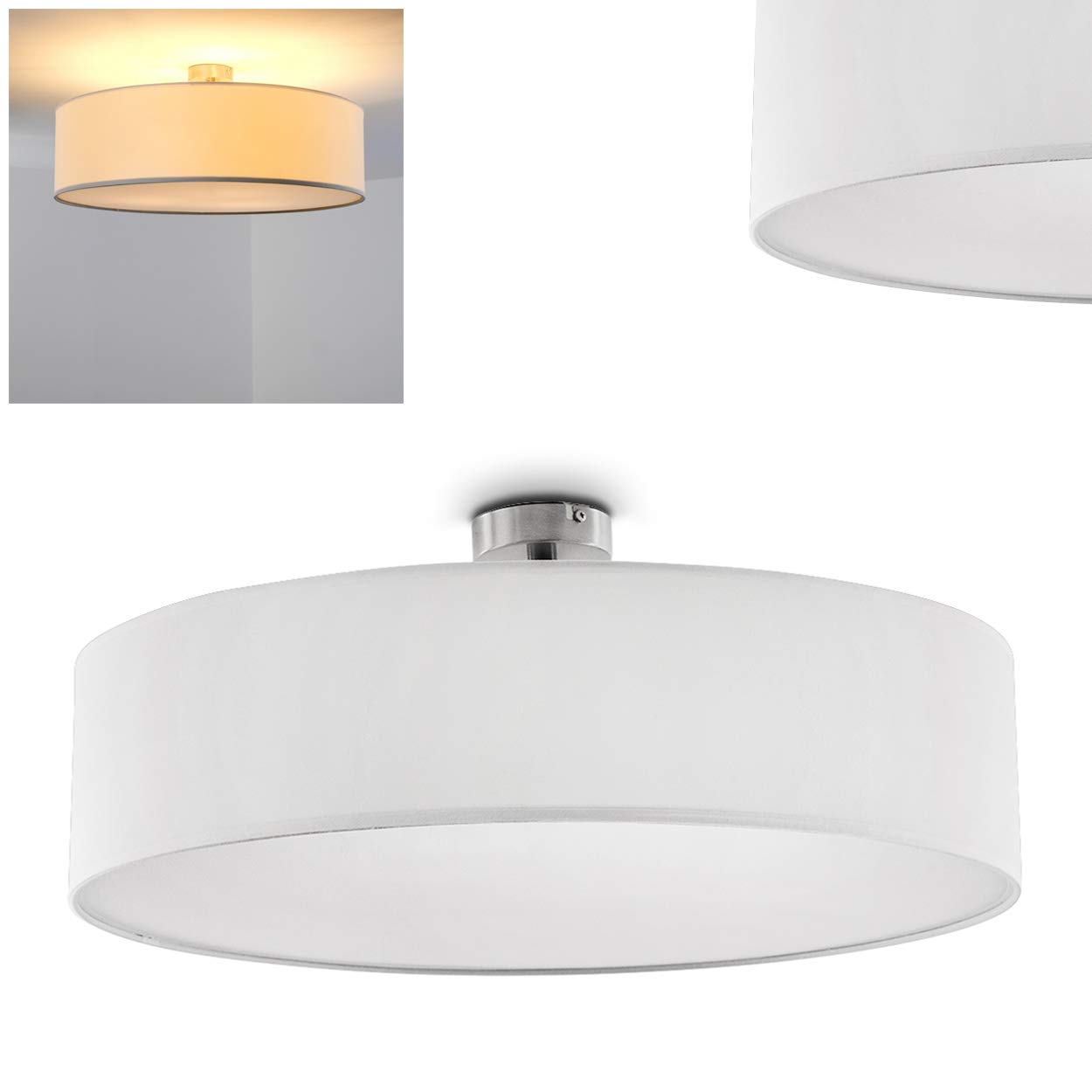 Ceiling lamp Foggia, Round Ceiling lamp with Fabric lampshade in White, Ø 60 cm, 3 x E27 Socket, Retro Design, Without Bulbs