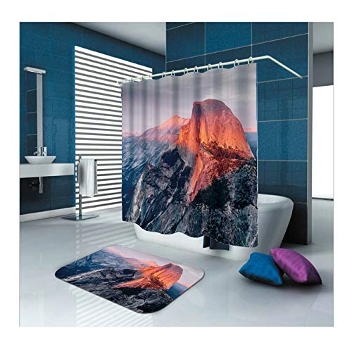 Cortina de ducha diseño volcánico naranja con alfombrilla textil KnSam 2