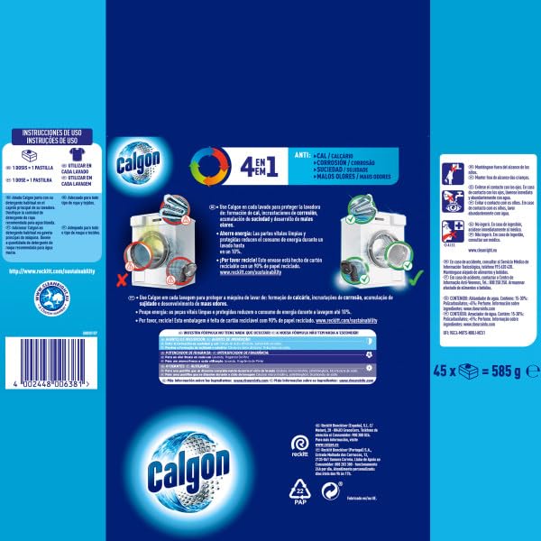 Calgon Powerball Pastillas - Antical para la Lavadora, Elimina Olores y Suciedad, en formato pastillas, 90 unidades (2x45 unidades)