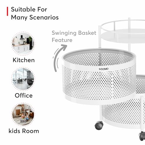 Image of Amazon Brand - Solimo 360 Revolving Preassembled Portable 2 Layer Round Multipurpose Storage Kitchen Rack Carbon Steel Fruit Vegetable & Spice Trolley with Wheels for Kitchen Organizer(Matte, White)