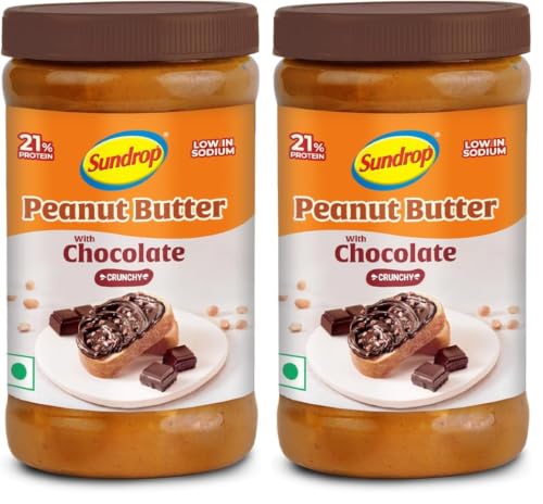 Image of Sundrop Peanut Butter with Chocolate | Crunchy | 500 grams | With 21% Protein | 6.4% Dietary Fibre | Premium Roasted Peanuts | Great Value Per Gram of Protein I Low in Sodium (Pack of 2)