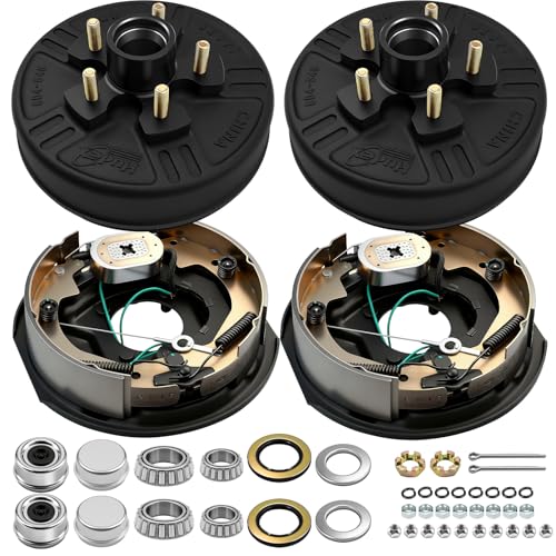 dreamdragon 3500 lbs Trailer Axle Electric Brake Kit 5-Hole 4.5 Bolt Circle Brake Drum with 10 x 2 1/4 Self-Adjusting Electric Brakes Replacement 10 Brake Hub Drum Assembly 1/2-20 Studs
