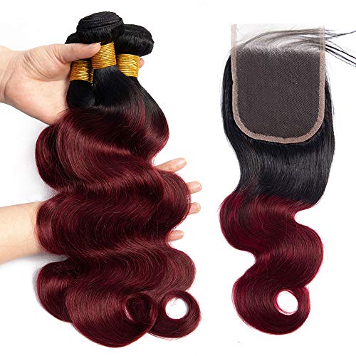 Dayrise Hair 10A Grade Ombre Human Hair Bundles T1B/Bug 16 18 20 inch 3 Bundles Body Wave Two Tone Human Hair Bundles with closure (16 18 20+16)
