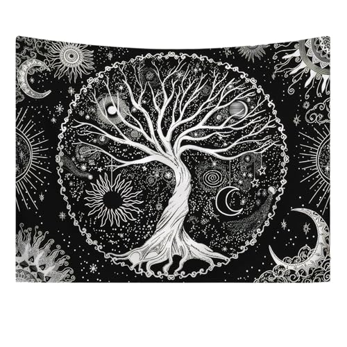 DecorDwell Baum des Lebens Wandteppich, 150x130cm Sonne Mond Tapisserie, Wandbehang Schwarz,...