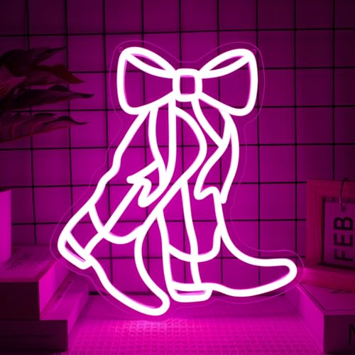 Image of Cowboy Boot Neon Sign Bow Neon Sign LED Pink Cowgirl Boots Light Signs Wall Decor Aesthetic Western Wall Art Suitable for Game Room Country Parties Bow Decor Bedroom Bar Birthday Gift(12.8 * 11.7in)