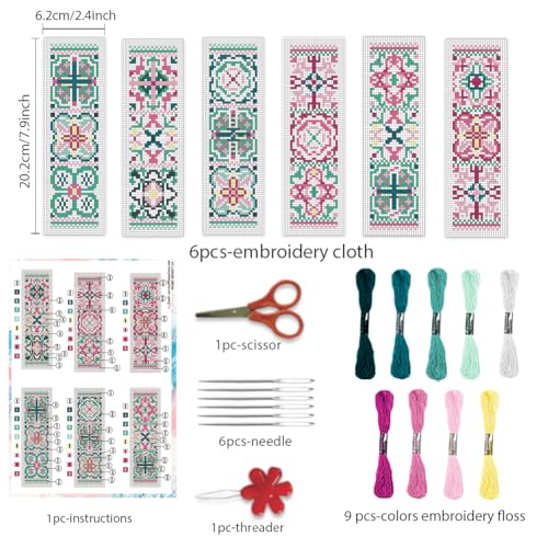 Image of BEUNITONE Cross Stitch Bookmark Kits 6 Pcs Variegated Flowers DIY Bookmarks Cross Stitch Set for Adults Beginners Hand Embroidery Set Traditional Decorative Patterns Craft Kits for Gifts 8''x2.4''