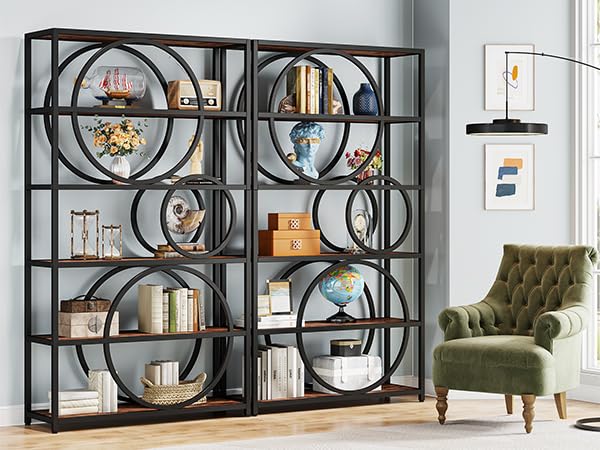 Image of Tribesigns 5-Tier Bookshelf, 71 inch H Industrial Book Shelf Large Bookcases & Bookshelves with Chic Circular Design, Tall Open Display Shelf Storage Rack for Home Office(Rustic Brown, 2PC)