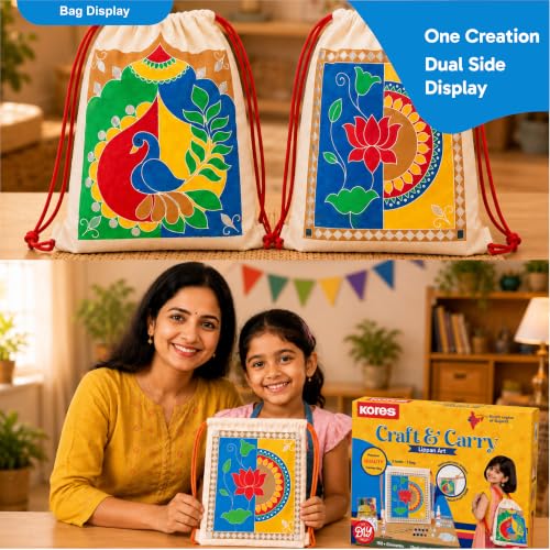 Image of Kores Craft & Carry Lippan Art Kit for Kids | DIY Indian Art Canvas Bag Painting Kit | Dual-Sided Drawstring Bag | Acrylic Colours, Sketch Pens, 3D Liner, Beads, Fabric Glue & Manual | Age 6-99