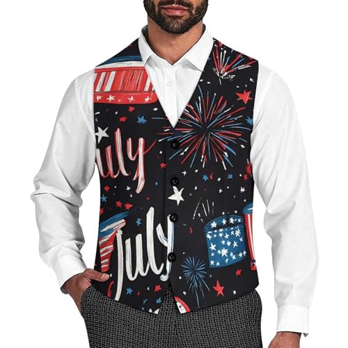 4th Of July U.S.A. Celebration Casual Suit Vest for Men Formal Business Dress Regular Fit Waistcoat Tuxedo