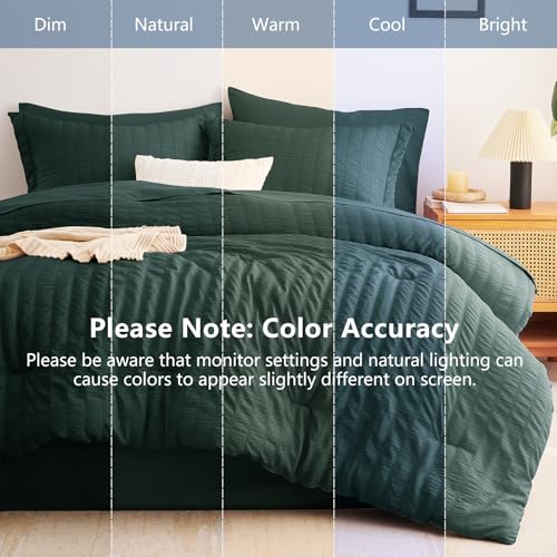 Image of CozyLux Oversized Queen Comforter Set with Sheets, 7 Pieces 98 inchx98 inch Forest Green Seersucker Bed in a Bag, Soft Bedding Set with Down Alternative Comforter, Sheets, Pillowcases & Shams, Bedroom Bed Set