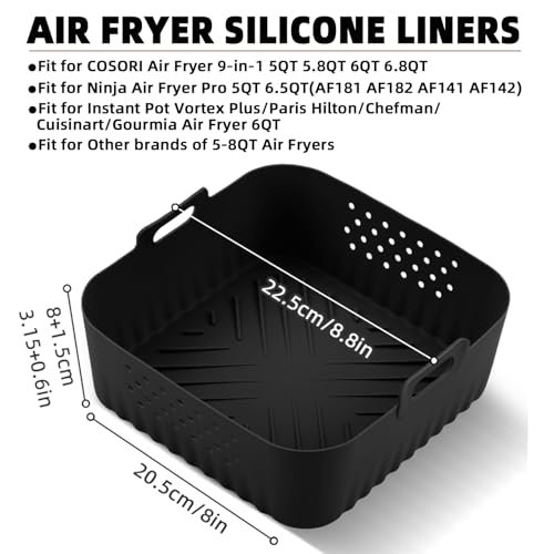 Image of Silicone Air Fryer Liners,2 Pcs Square silicone air fryer basket liners Reusable for Ninja Air Fryer Pro XL AF141 AF142 AF181 AF182 5.5 6 6.5 QT and Other 5-8QT,COSORI Air Fryer Accessories