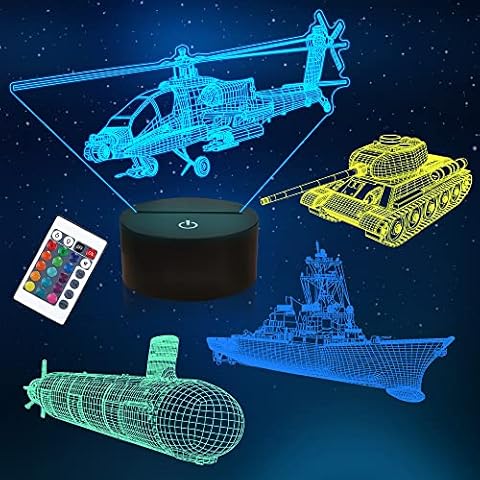 YuanDian Military Weapons 3D Lamp Kits, Tank, Navy Gguided Missile Destroyer, Submarine,Helicopter 3D Night Light for Kids (4 Patterns) with Remote Control & 16 Colors Light Cover