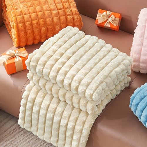 Image of BEDELITE Beige Fleece Twin Blanket for Couch Dorm Room Decor, 60x80 Inch