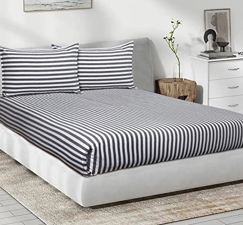 Image of AIRWILL, 200GSM Handloom Cotton Double Bedsheet with 2 Pillow Covers (Candy Stripe Black)