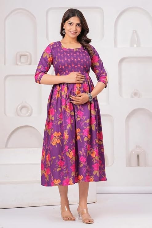 Image of Women Feeding Kurti for Women Cotton Maternity Kurta with Nursing Zip for Pre & Post Pregnancy