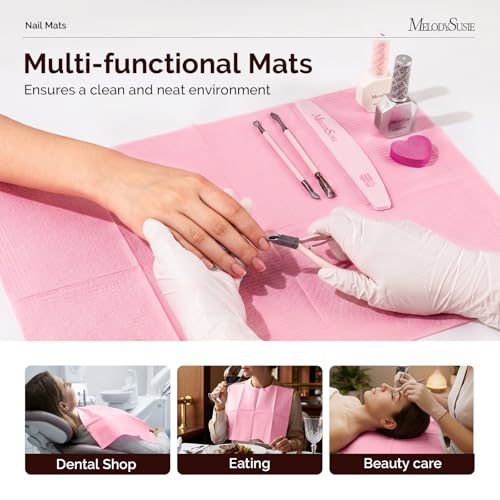Image of MelodySusie Disposable Nail Mats, 50Pcs 3-Ply Absorbent Nail Art Table Pads with PE Backing, 18 inch x 13 inch Nail Desk Protection for Manicure Pedicure, Salon Home DIY Pink