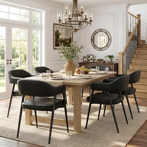 Image of HNY Modern Dining Room Arm Chairs Set of 6, Retro Faux Leather Upholstered Barrel Dining Chairs with Arms Mid-Century Black Accent Chair with Metal Legs, Open-Back Kitchen Side Chair for Living Room