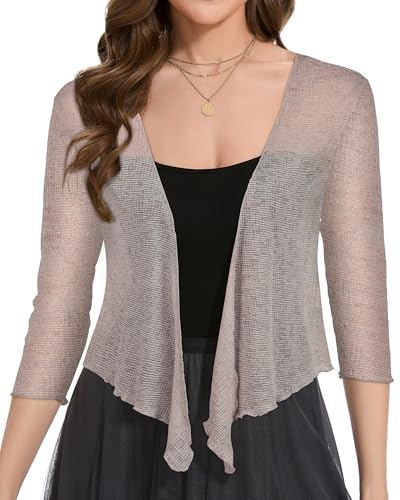 Image of Women Crop Cardigan Sheer Mesh Bolero Shrug for Dress Tie Front 3 /4 Sleeve Tops