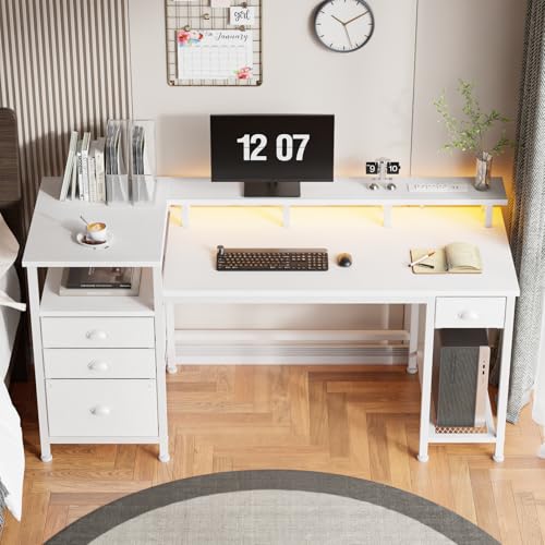 Image of Furologee 60 inch White Computer Desk with 4 Drawers, Power Outlet, LED Lights