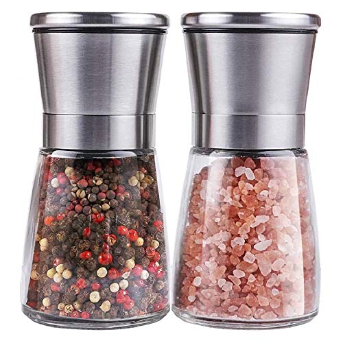 Salt and Pepper Grinder, Salt and Pepper Mill Set Salt and Pepper Shakers with Adjustable Non-Corrosive Ceramic Grinder and Premium Stainless Steel, Glass Body (2 Pack)
