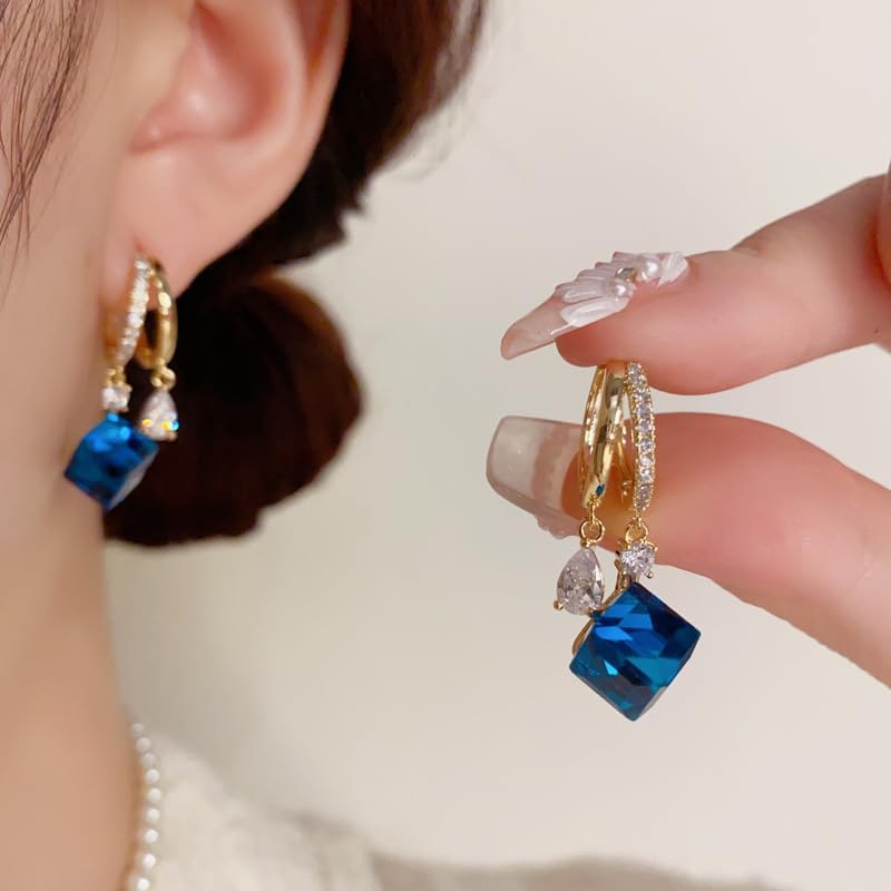 Blue Square Earrings for Women,Double Layer Sparkly cubic zirconia Cube Drop Clip on Earrings Dangle Vintage Trendy Jewelry Gifts for Women - Image 3