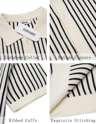 Image of COOFANDY Mens Knit Button Down Shirts Short Sleeve Polo Shirt Vintage Striped Casual Shirts