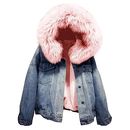 Yokbeer Winterjacke Damen Kurz Jeansjacke mit Fell, Sweatjacke Plüsch...