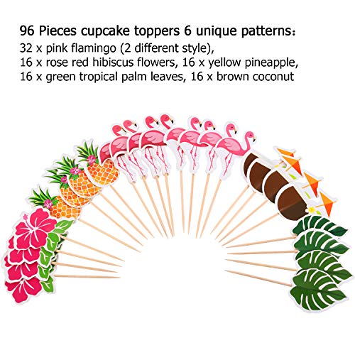 Yaomiao 96 Pieces Tropical Hawaiian Cupcake Toppers Luau Summer Flamingo Pineapple Hibiscus Flowers Tropical Palm Leaves Cupcake Toppers Picks Party Supplies #TOP3