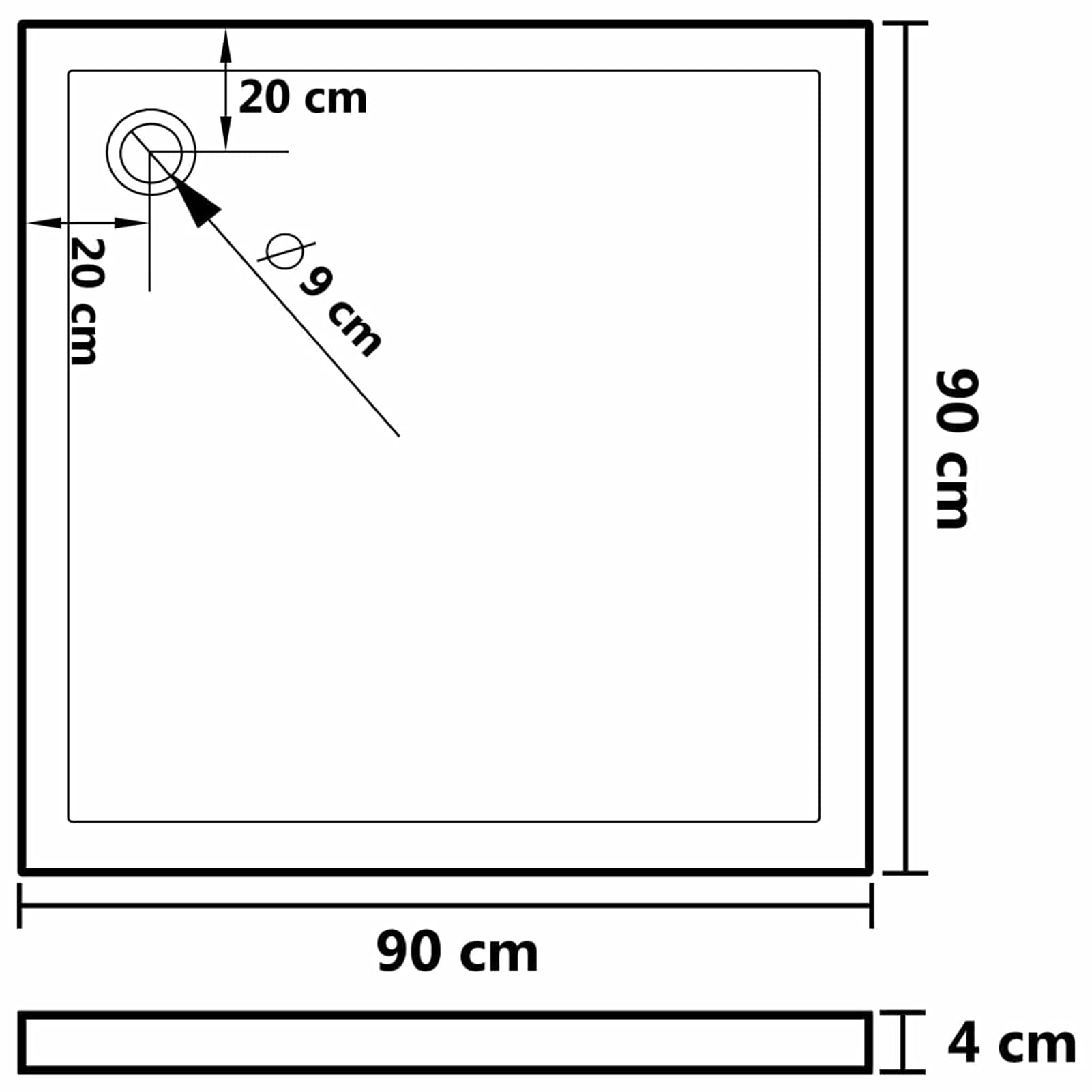 ADWOA Plato de Ducha Cuadrado de ABS Negro 90x90 cm Platos De Ducha Y Mamparas Plato Duchas