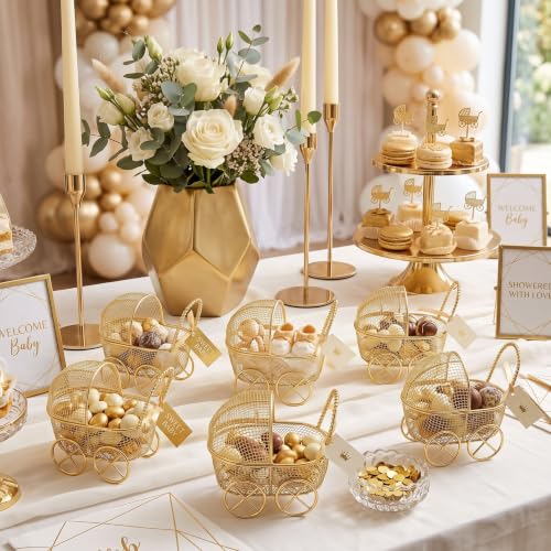 Image of Threehoney 12 Pcs Baby Shower Mini Carriage Decoration Metal Wired Fillable Small Stroller Table Decor Baby Shower Party Favor for Guest Gender Reveal Candy Centerpiece (Gold)